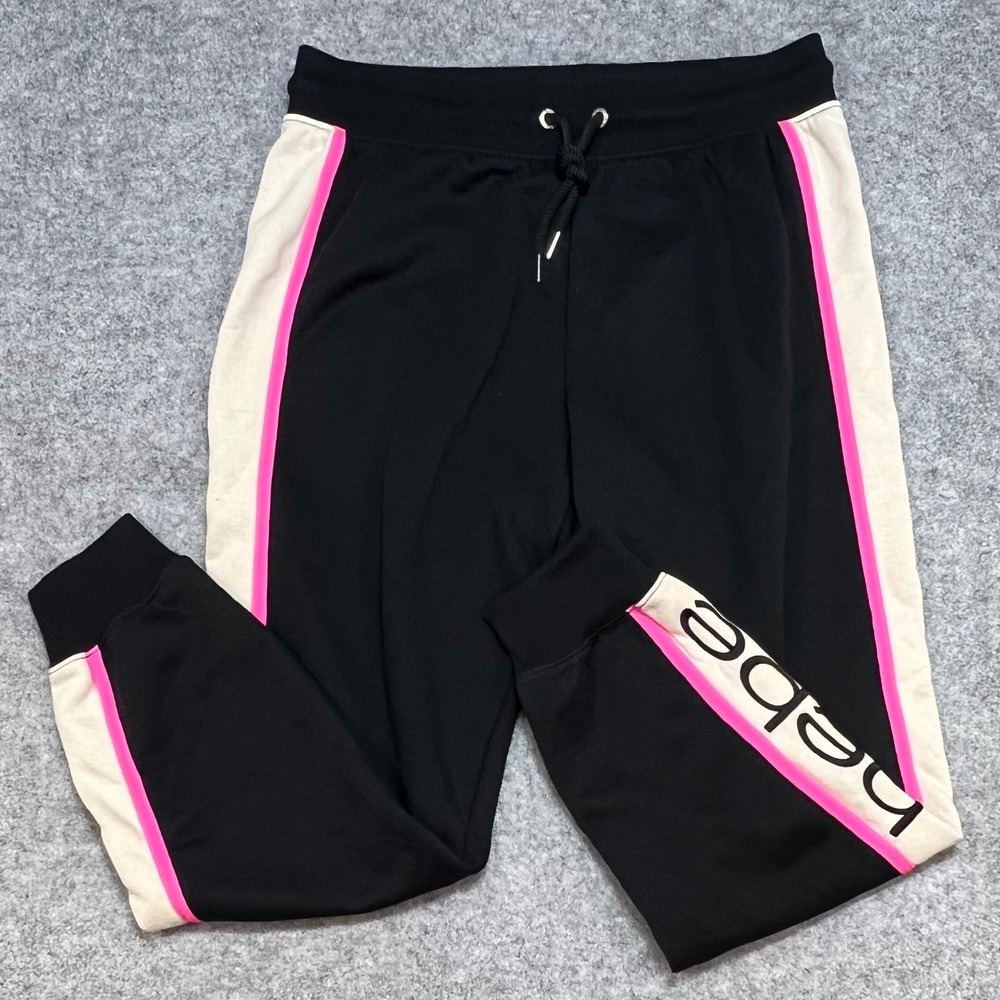 Bebe Sport Joggers Black Pink Cream Side Stripe‎ Sweatpants Athleisure Women LG